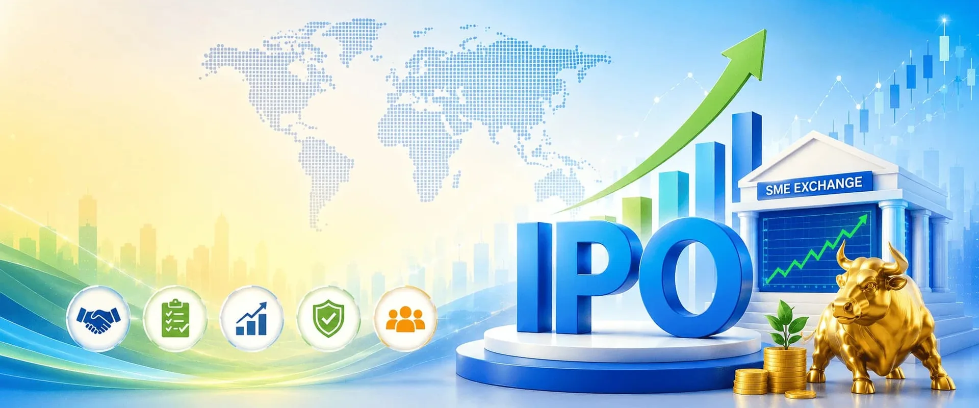 IPO growth illustration with stock exchange and rising chart