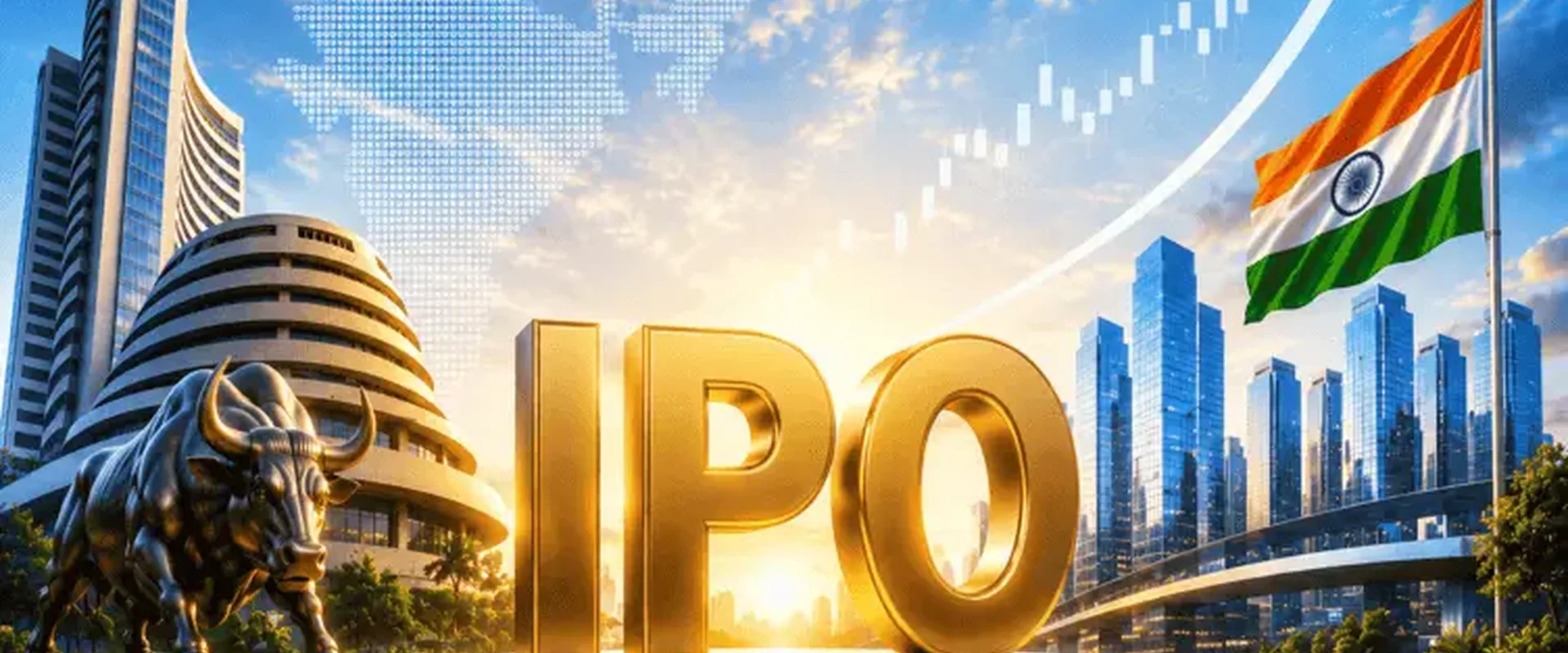Golden IPO lettering in front of the stock exchange